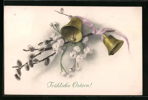 Künstler-AK M. Munk Nr. 682: Weidenkätzchenzweige mit goldenen Glocken und einem rosafarbenen Band