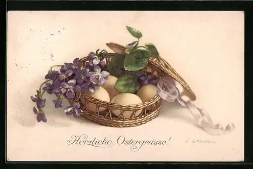 Künstler-AK M. Munk Nr. 1174: Flechtkorb mit Eiern, Blumen und Schleife