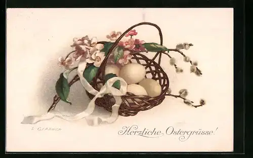 Künstler-AK M. Munk Nr. 1174: Flechtkorb mit Eiern, Blumen, Weidenkätzchen und einem Schleifenband