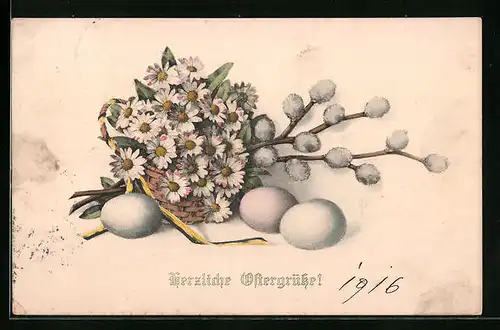 Künstler-AK M. Munk Nr. 1060: Flechtkorb mit Eiern, Blumen und Weidenkätzchen, Ostergrüsse