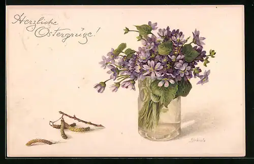 Künstler-AK M. Munk Nr. 1140: Ostergrüsse, Blumen in einem Wasserglas