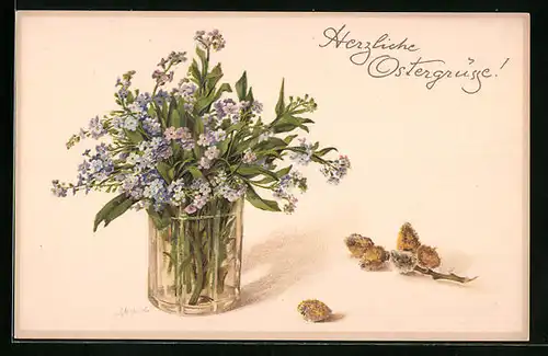 Künstler-AK M. Munk Nr. 1140: Ein Glas voller Osterblumen, Weidenkätzchen und Ostergrüsse