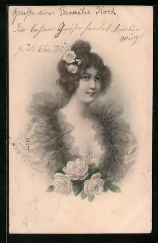 Künstler-AK M. Munk Nr. 463: Portrait einer jungen Frau mit blumen im Haar und einem Rüschenkleid