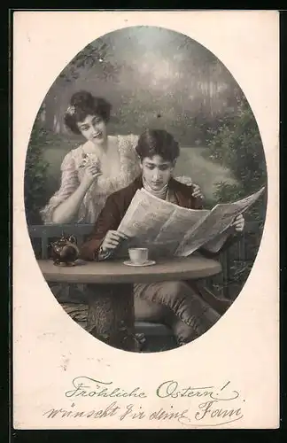 Künstler-AK M. Munk Nr. 644: Junges Paar beim zeitung lesen, Ostergrüsse