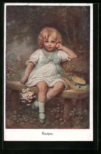 Künstler-AK M. Munk Nr. 1183: Evchen auf einer Bank mit Blumen in der Hand