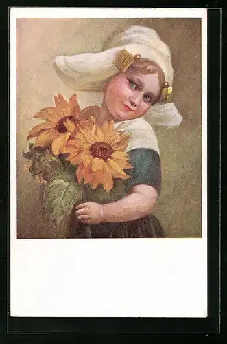 Künstler-AK M. Munk Nr. 1207: Ein junges Mädchen in Tracht mit Sonnenblumen in den Händen