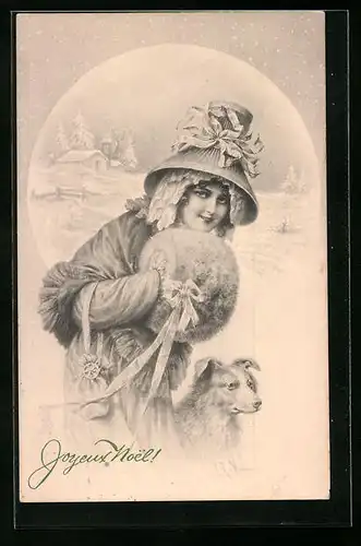Künstler-AK M. Munk Nr. 156: Wichera: Junge Frau mit Handwärmer und ihrem Hund