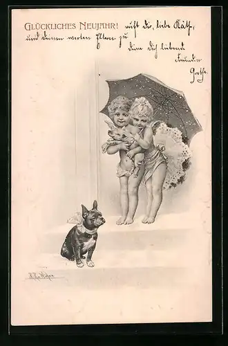 Künstler-AK M. Munk Nr. 159: Wichera: Kleine nackte Engel mit einem Ferkel und einem Hund