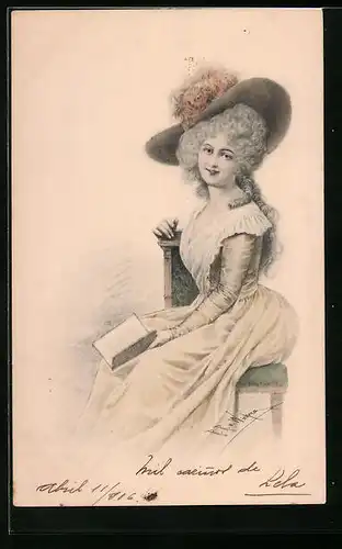 Künstler-AK M. Munk Nr. 199: Wichera: Frau im gelben Kleid auf einem Stuhl beim lesen