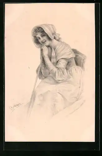 Künstler-AK M. Munk Nr. 199: Wichera: Eine junge Frau stützt den Kopf auf die Hände