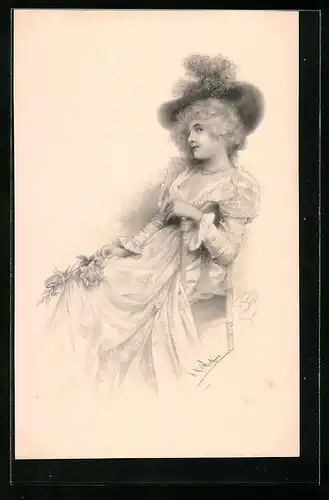Künstler-AK M. Munk Nr. 199: Wichera: Junge Frau mit Hut und Rosen in der Hand