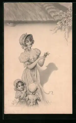 Künstler-AK M. Munk Nr. 213: Wichera: Mutter mit Mädchen im Garten zu Ostern