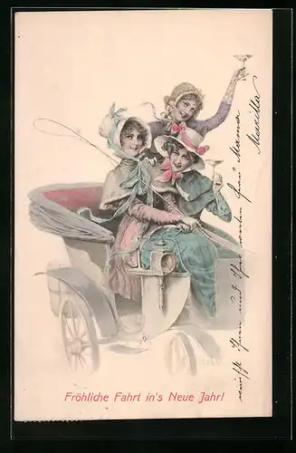Künstler-AK M. Munk Nr. 206: Wichera: Drei Damen in einer Pferdekutsche, Neujahresgruss