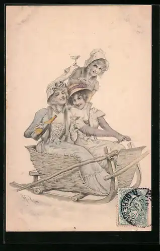 Künstler-AK M. Munk Nr. 206: Wichera: Drei Damen mit Champagner in einem Schlitten