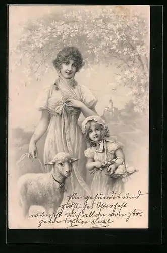 Künstler-AK M. Munk Nr. 300: Wichera: Die Mutter mit dem Kind und einem Lamm im Garten