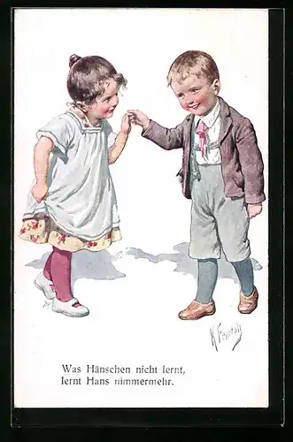 Künstler-AK Karl Feiertag: Was Hänschen nicht lernt, lernt Hans nimmermehr., Junge mit einem Mädchen