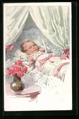 Künstler-AK Karl Feiertag: Baby liegt in seinem Bett, rosa Schleifen