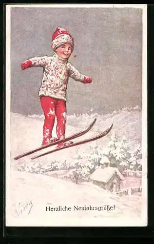 Künstler-AK Karl Feiertag: Junge beim Skisprung, Neujahresgrüsse