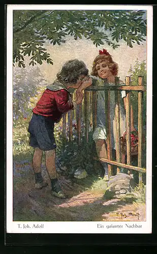 Künstler-AK Adolf (Jodolfi): Ein galanter Nachbar, Junge und Mädchen am Gartenzaun