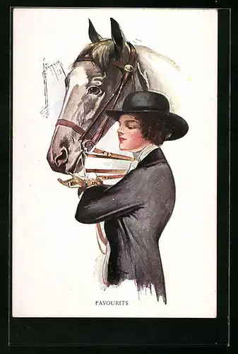 Künstler-AK Court Barber: Favourits, junge Dame in schwarz mit ihrem Pferd