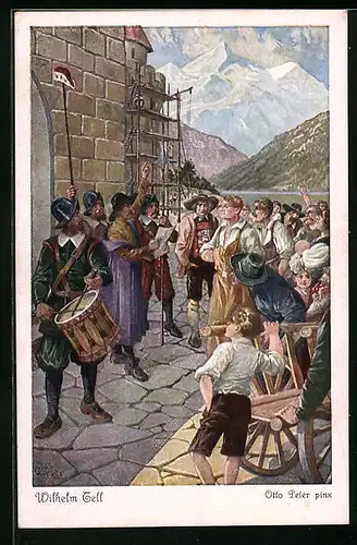 Künstler-AK O. Peter: Wilhelm Tell, In Altdorf, der Gesslerhut