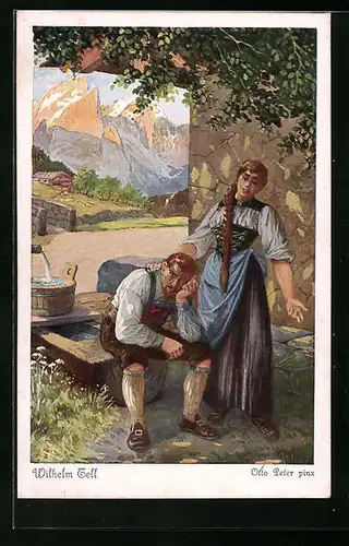Künstler-AK O. Peter: Wilhelm Tell, Vor Stauffachers haus zu Steinen, mann und Frau im Gespräch