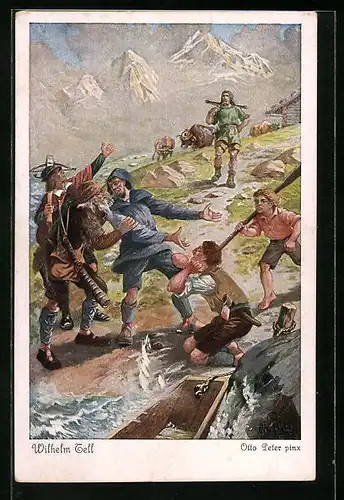 Künstler-AK O. Peter: Wilhelm Tell, Am Vierwaldstätter See, Männer diskutieren am Ufer