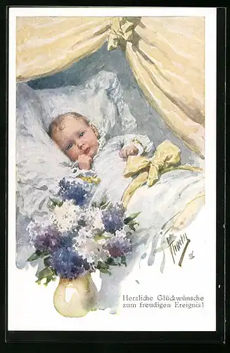 Künstler-AK Karl Feiertag: Glückwünsche zum freudigen Ereignis, Baby im Bett