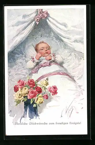 Künstler-AK Karl Feiertag: Baby im Bett mit einem Blumenstrauss, Glückwünsche zur Geburt