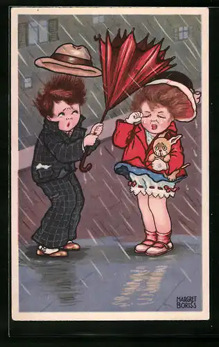 Künstler-AK Margret Boriss: Junge mit Schirm und Mädchen mit Hund im Regen