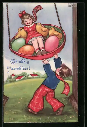 Künstler-AK Margret Boriss: Mädchen in einer Schaukel mit Küken und Ostereiern, Junge schiebt sie an, Ostergrüsse