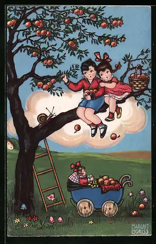 Künstler-AK Margret Boriss: Kinder auf einem Apfelbaum, Puppenwagen darunter