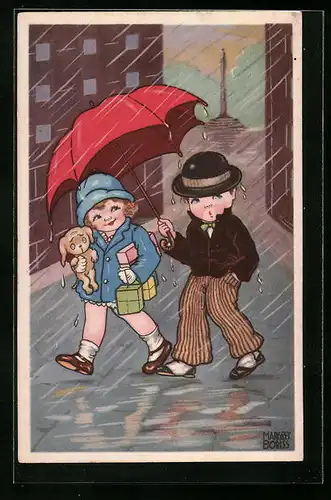 Künstler-AK Margret Boriss: Ein Junge geleitet ein Mädchen durch den Regen, Geschenke und ein Hund