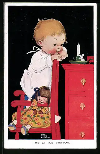 Künstler-AK Mabel Lucie Attwell: Kind mit Puppe auf einem Stuhl, the little visitor