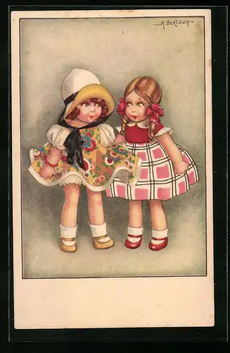 Künstler-AK A. Bertiglia: Zwei Mädchen in bunten Kleidern dargestellt