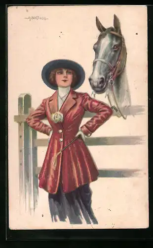 Künstler-AK A. Bertiglia: Junge Frau in rotem Kostüm vor ihrem Pferd