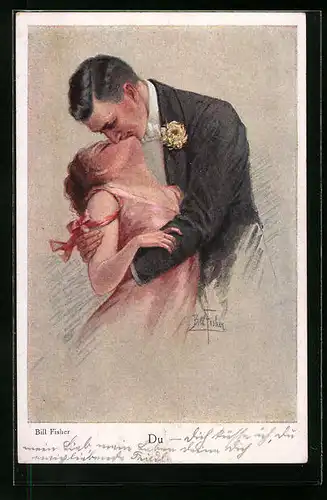 Künstler-AK Bill Fisher: Frau wird innig von einem Mann geküsst, Du, in Abendgarderobe