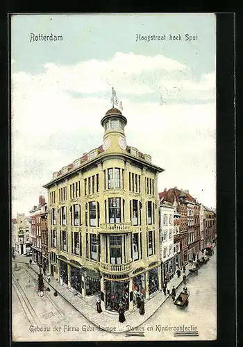 AK Rotterdam, Hoogstraat hoek Spui, Gebouw der Firma Gebr. Lampe