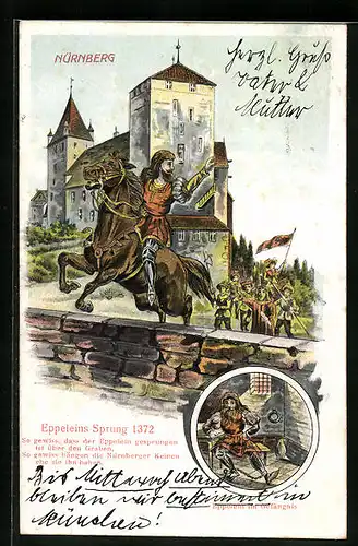 Relief-AK Nürnberg, Eppeleins Sprung 1372, Eppelein im Gefängnis