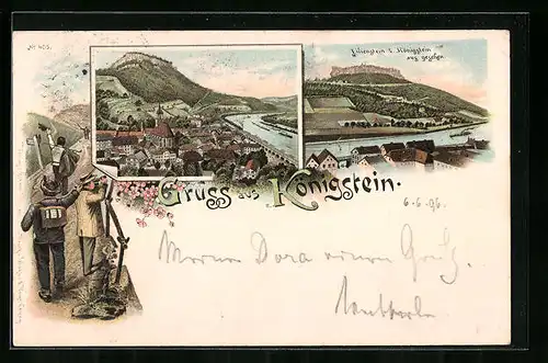 Lithographie Königstein, Lilienstein vom Ort aus gesehen, Teilansicht mit Kirche