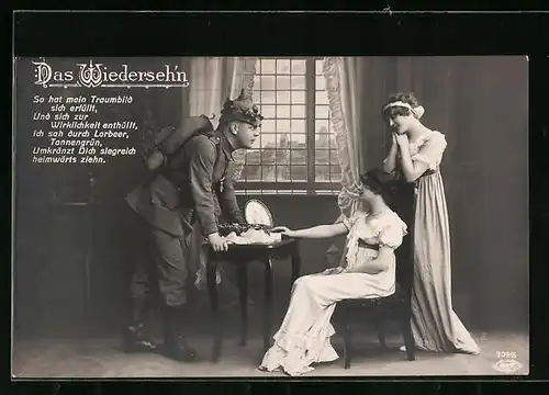 Foto-AK BNK: Das Wiederseh'n, Soldat kehrt heim zu einem Schwesternpaar