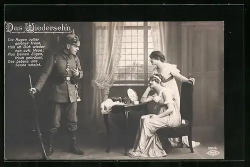 Foto-AK BNK: Das Wiederseh'n, Soldat kehrt heim zum Schwesternpaar