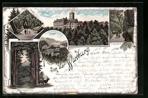 Lithographie Wartburg, Annathal, Drachenschlucht, Aussenansicht der Burg