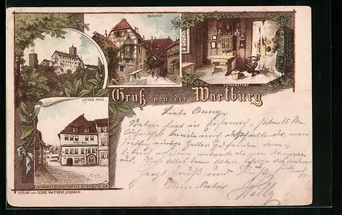 Lithographie Wartburg, Aussenansicht, Lutherhaus & Lutherstube, Burghof