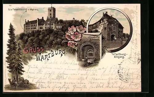 Lithographie Wartburg, Gesamtansicht, Eingang, Elisabethbrunnen
