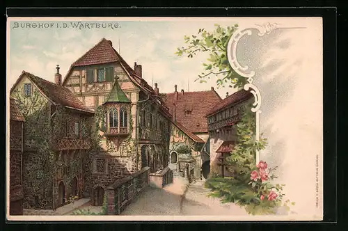 Lithographie Wartburg, Idylle im Burghof