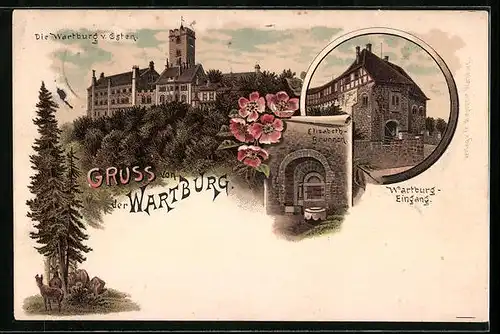 Lithographie Wartburg, Gesamtansicht von Osten, Eingang, Elisabethbrunnen