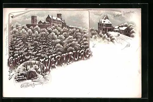 Lithographie Wartburg, Panorama im Winterglanz, Wartburg-Restauration, Elisabethbrunnen