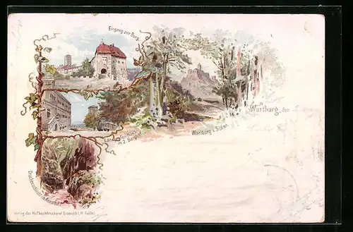 Lithographie Wartburg, Panorama, Eingang, Drachenschlucht, Landgrafenhaus im 2. Burghof