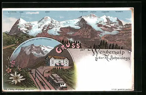 Lithographie Bergbahn-Station Kleine Scheidegg mit Blick auf Wetterhorn, Wengernalp